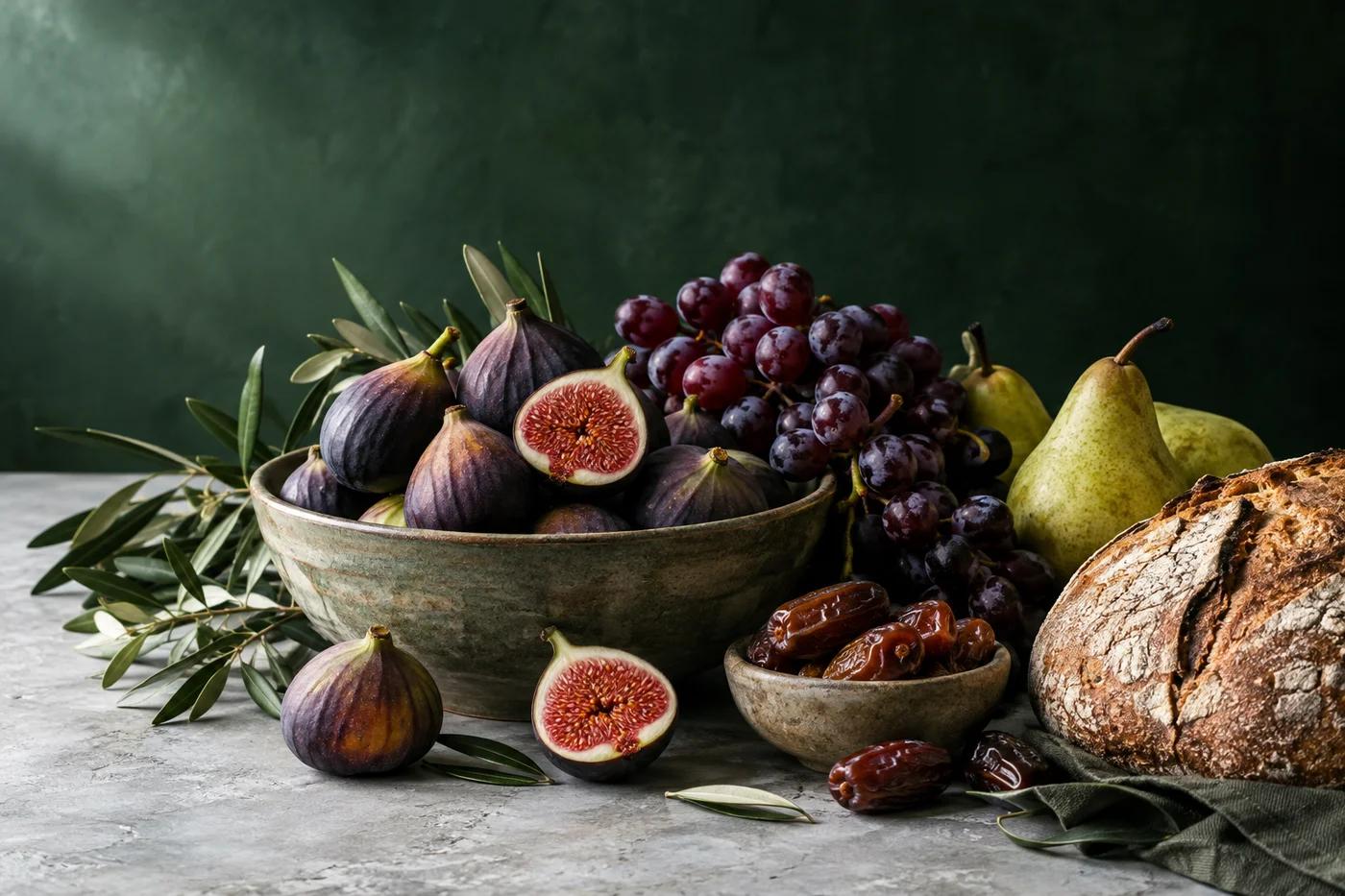 Fresh figs, grapes, pears and artisan bread on a market table
